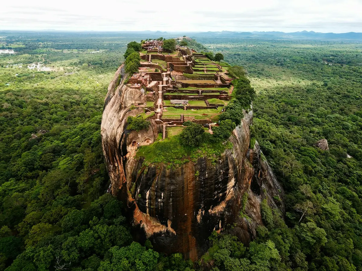 Aerial view of Sigiriya Rock Fortress rising above the jungle in Sri Lanka